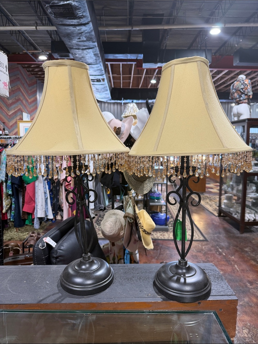 Elegant Black Metal Table Lamp with Beige Shade and Crystal Fringe